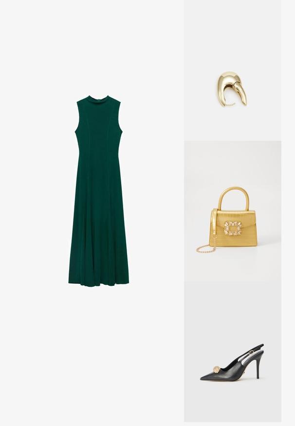 Long, sleeveless, dark green dress with a round neck, flared skirt, and subtle seam detailing. Made of smooth, flowing fabric.; Black leather slingback pump with a pointed toe, gold ball accent, and a slender heel. Features cut-out design around the ankle.; Yellow faux-crocodile handbag with a structured design, top handle, detachable chain strap, and decorative crystal embellishment on the clasp.; Gold-tone metal earring with a sleek, curved design. Features a distinctive pointed shape, polished surface, and hinge closure.