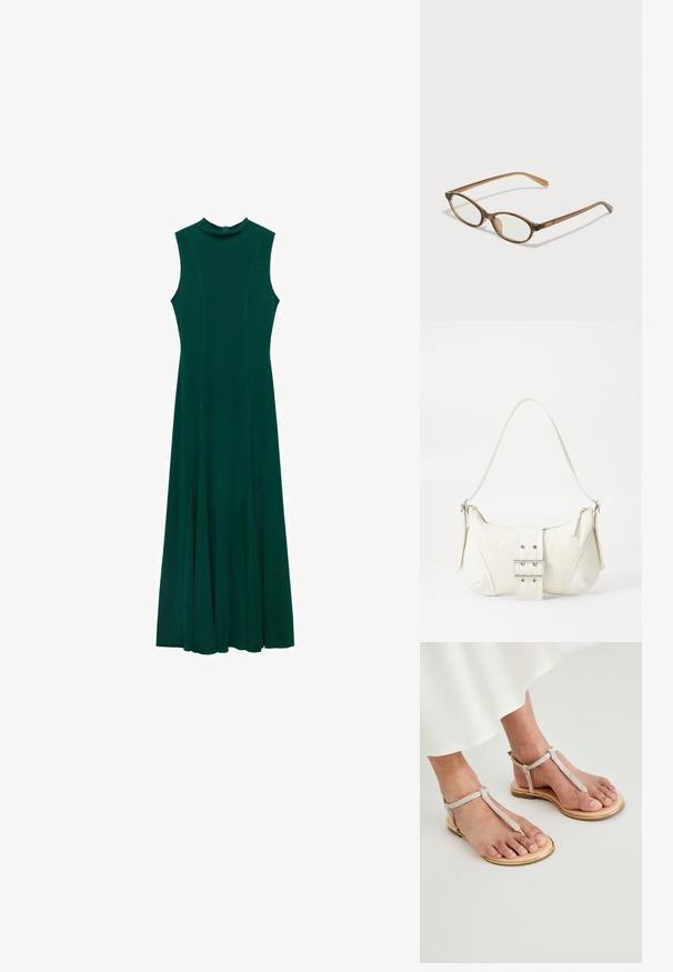 Pitkä, hihaton, tummanvihreä mekko, jossa on pyöreä kaulus, levenevä hame ja hienovaraiset sauman yksityiskohdat. Valmistettu sileästä, virtaavasta kankaasta.; Tas sandal datar memiliki sole kulit tan muda dengan trim emas. Tali sandals berwarna perak dengan finishing tekstur, mengikat di pergelangan kaki.; Ruskeat kilpikonnaruutulasiset silmälasit, joissa ovaalit linssit, ohuet varret ja läpinäkyvät yksityiskohdat. Temppeleissä on huomaamaton logo. Suunnittelultaan suora ja kevyt.; Valkoinen olkalaukku, jossa on teksturoitu pinta, keskeinen solkiyksityiskohta ja kaareva muoto. Vetoketjusulkimet kummallakin puolella.
