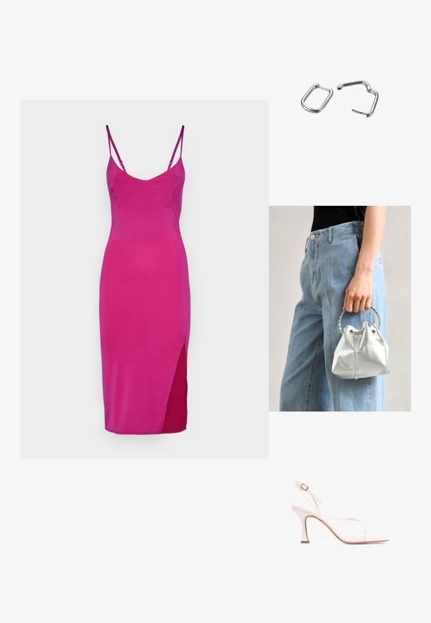 Priliehavé, bezrukávové šaty z žiarivej ružovej látky, s výstrihom do V a bočným rozparkom pre zvýraznenie detailov. Hladká textúra, minimalistický dizajn.; Ružové sandále na vysokom podpätku s pruhmi, štíhlou konštrukciou, štvorcovou špičkou a zúženým podpätkom. Obsahujú nastaviteľný remienok okolo členka a jemnú textúru.; Metalická strieborná kabelka s textúrovaným povrchom, zdobená striebornou okrúhlou rukoväťou a uzáverom na šnúrku, držiaca sa pred svetlo modrými džínsami.; Strieborné kovové jarové klipy, jeden obdĺžnikový a jeden oválny, s hladkými povrchmi a zaoblenými hranami. Oba majú lesklé povrchy a jednoduché dizajny.