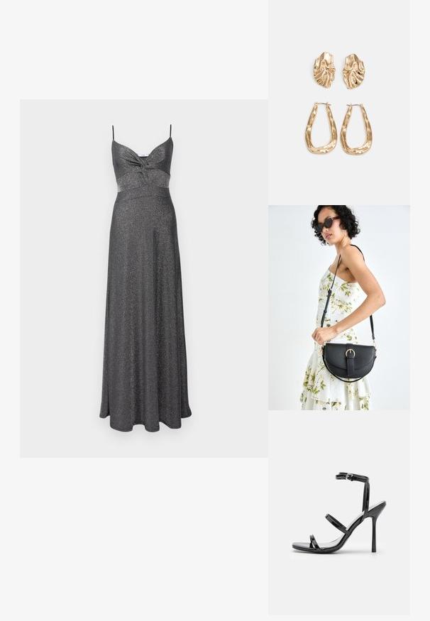 Sidabrinė metalinė maksi suknele su prigludusia kūno dalimi, reguliuojamomis špagatinėmis petnešėlėmis ir plačiu sijonu. Tekstūruotas, blizgus audinys visame suknyje.; Juodos lakinės odos aukštakulnės sandalai su trimis horizontaliais dirželiais ir reguliuojamu kulkšnimis dirželiu. Lieknas siluetas ir blizgus apdaila.; Juodas odinis krepšys su išlenkta forma, nuimamu dirželiu ir auksiniais detalėmis. Krepšys turi kilpą su sagtimi.; Auksinės auskarai, turintys tekstūruotus, bangų formos elementus. Įeina skulptūriniai segami auskarai ir atviri lankai su išmuštu paviršiumi.