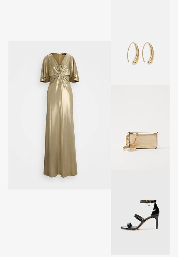 Zlatá metalická večerní šaty s designem zkrouceného předního dílu, krátkými vracejícími se rukávy a dlouhou sukní. Obsahuje zadní zip pro uzavření.; Černé lakované kožené sandály se třemi pásky, sponou na kotníku a 10 cm jehlovým podpatkem. Obsahují zlaté kovové detaily a logo přívěsek.; Metalická zlatá kožená psaníčko s texturovaným povrchem, vybavená zlatým řetízkovým popruhem a odnímatelným ramenním popruhem. Vystouplé logo značky.; Náušnice ve tvaru kruhu z pozlaceného kovu s vroubkovaným, prodlouženým tvarem. Mají hladký, lesklý povrch a zaoblený konec pro zvýraznění detailu.