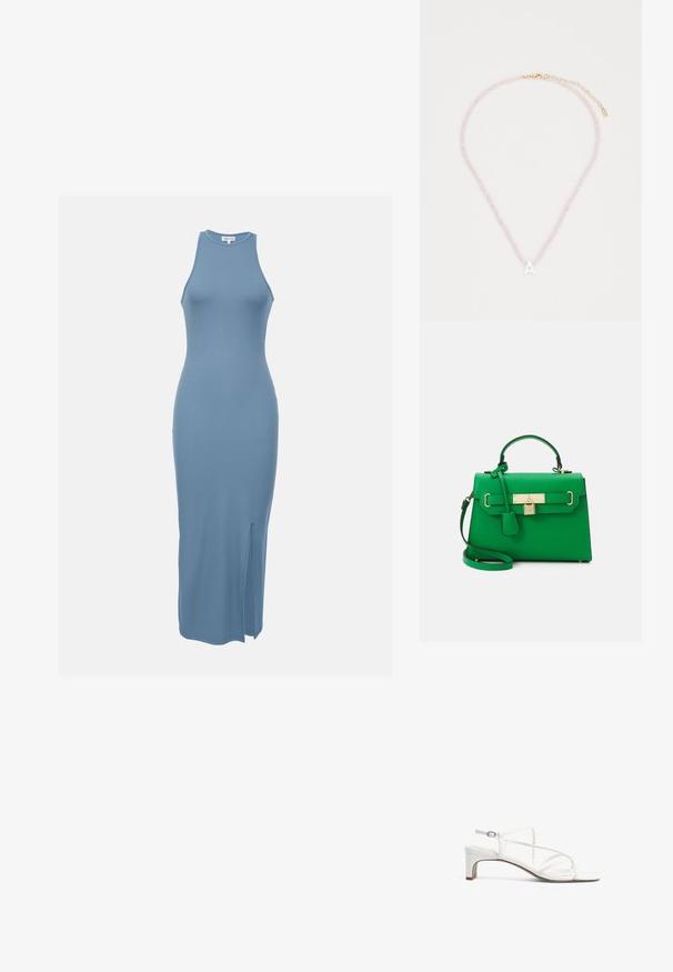 Robe midi sans manches, ajustée en tissu bleu doux. Présente une fente sur le côté pour faciliter les mouvements, avec une texture lisse et un design minimaliste.; Sandale blanche à talon avec un design de brides fines, bout carré et un petit talon bloc. Fini lisse avec un détail de bride réglable à la cheville.; Sac à main en cuir vert avec un design structuré, quincaillerie dorée, une poignée supérieure et une bandoulière amovible. Présente un accent de verrou et une finition texturée.; Collier en perles roses avec un pendentif en forme de lettre "A" blanche, fixé par un fermoir doré et une chaîne ajustable. Les perles texturées ajoutent du détail.