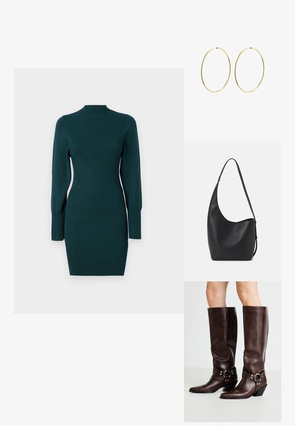 Pleteni večerni obleka v temno zeleni barvi z rebrasto teksturo. Ima visok ovratnik, dolge rokave in oprijet kroj. Dolžina do polovice stegna.; RAID NEVIS - Škornji v kavbojskem/motorističnem slogu - brown; Črna usnjena hobo torba z gladko teksturo, ukrivljeno obliko in eno nastavljivo naramnico; ima širok odprtina na vrhu.; Zlate obroče za ušesa z gladkim, zaobljenim dizajnom. Tanki in lahki, z neprekinjenim krogom brez okrasnih elementov.