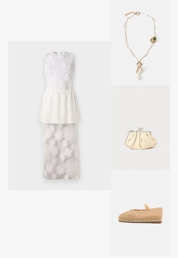 Bijela haljina bez rukava s cvjetnim vezenjem, slojevitim peplum strukom i prozirnim donjim suknjom ukrašenom cvjetnim uzorcima.; Loeffler Randall KAYLA - Espadrile - natural; Nabrana bež kožna torbica s srebrnim metalnim okvirom, koja sadrži dva okrugla dekorativna kopčanja i srebrnu lančanu naramenicu.; Ogrlica zlatne boje s uvijenim karikama, bijelim biserima i akcentom od zelene kamenčića. Sadrži složene detalje i kopču za zatvaranje.