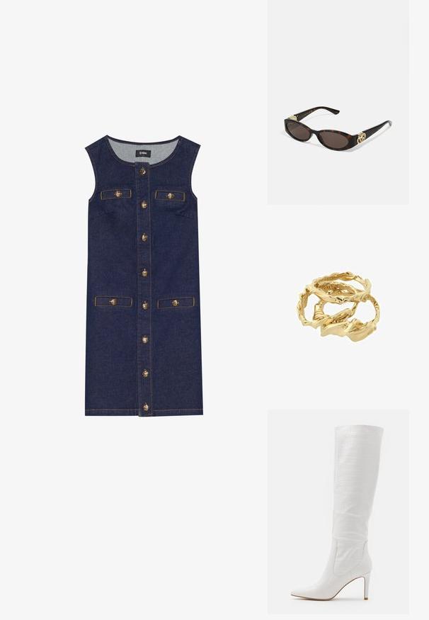 Abito in denim senza maniche, di colore blu scuro, con chiusura anteriore a bottoni e due tasche. Dettagli dei bottoni in tono oro e cuciture in evidenza.; RAID TRIBUTE - Stivali con i tacchi - white; Occhiali da sole tartarugati con lenti ovali allungate, tonalità marrone, accenti dorati con logo sulle tempie e aste nere eleganti.; Anelli intrecciati in oro tono, sovrapposti insieme, caratterizzati da un design testurizzato con bordi lisci e curvi, creando un aspetto organico e fluido.