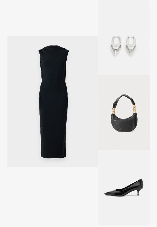 Robe noire sans manches, design ajusté, longueur genoux, fabriquée en tissu lisse, avec un col haut et des côtés ouverts. Style et forme minimalistes.; Chaussure à talon haut en cuir verni noir avec un bout pointu et un talon stiletto bas. Texture lisse et design minimaliste, sans motifs ni accents visibles.; Sac à main en cuir noir de forme ronde, texture douce, et avec une anse nouée ornée d'accents en matériel doré. Fermeture éclair.; Cadenas en forme de cœur en argent avec les inscriptions gravées "OUI" et "NON", finition polie, design symétrique et un robuste fermoir en métal.