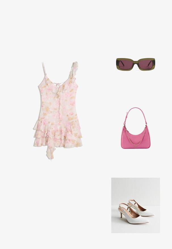 Robe florale rose clair avec des couches froncées, ourlet asymétrique, fines bretelles et un petit détail de nœud au dos.; Talons aiguilles blancs à bride arrière avec un bout pointu, en cuir, au design minimaliste et à talon aiguille de hauteur intermédiaire. Détail de bride ajustable à la cheville.; Lunettes de soleil rectangulaires avec une monture vert olive et des verres rose profond. La monture présente une finition brillante, tandis que les branches sont élégantes et droites.; Sac à épaule synthétique rose avec une forme courbée, texture lisse, bandoulière en chaîne amovible et un détail de logo circulaire sur le devant.