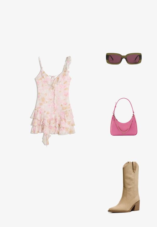 Jasnoróżowa sukienka w kwiaty z falbaniastymi warstwami, asymetrycznym dołem, cienkimi ramiączkami i małym zapięciem na plecach.; Bershka - Kowbojki i obuwie motocyklowe; Prostokątne okulary przeciwsłoneczne z oliwkowo-zieloną oprawą i głęboko różowymi soczewkami. Oprawa ma błyszczące wykończenie, a zauszniki są smukłe i proste.; Różowa syntetyczna torba na ramię o zaokrąglonym kształcie, gładkiej fakturze, odpinanym łańcuszku oraz okrągłym detalem z logo na froncie.