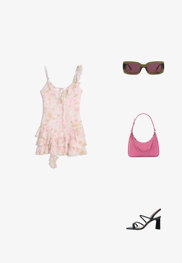 Light pink floral dress with ruffled layers, asymmetrical hem, thin straps, and a small back tie detail.; Black strappy high-heeled sandal with a square toe, slender crossed straps, and a block heel. Smooth leather texture and minimal design.; Rectangular sunglasses with an olive green frame and deep pink lenses. Frame features a glossy finish, while the arms are sleek and straight.; Pink synthetic shoulder bag with a curved shape, smooth texture, removable chain strap, and a circular logo detail on the front.