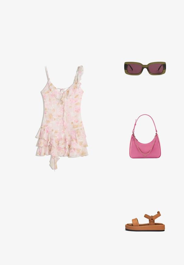 Hellrosa Blumenmuster-Kleid mit Rüschenschichten, asymmetrischem Saum, dünnen Trägern und einer kleinen Rückenbindedetail.; Braune Leder-Plateausandalen mit breiten Riemen, verstellbaren Verschlüssen, einer weichen Innensohle und einer strukturierten schwarzen Gummisohle.; Rechteckige Sonnenbrille mit einem olivgrünen Rahmen und tiefrosafarbenen Gläsern. Der Rahmen hat eine glänzende Oberfläche, während die Bügel schlank und gerade sind.; Rosa synthetische Schultertasche mit geschwungener Form, glatter Textur, abnehmbarem Kettenriemen und einem runden Logodetail auf der Vorderseite.