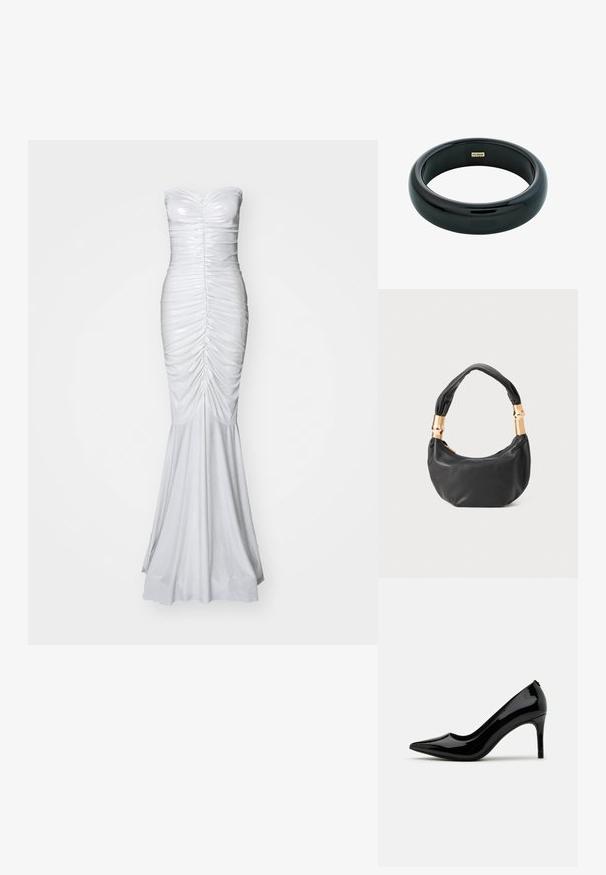 Strapless white dress with ruched detailing, fitted bodice, flared hem, and smooth, slightly shiny fabric. Elegant and streamlined silhouette.; Black patent leather high-heeled pump with a pointed toe and sleek silhouette, featuring a smooth texture and minimalistic design.; Black leather handbag with a round shape, soft texture, and a knotted handle featuring gold-tone hardware accents. Zipper closure.; Black resin bangle bracelet with a smooth, shiny surface and rounded edges. Features a small gold "Pilgrim" logo on the interior.