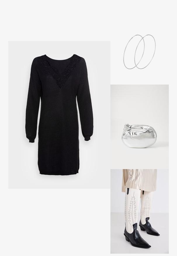 Črna pletena obleka s dolgimi rokavi, V-izrezom in čipkastim okrasjem na izrezu. S pasom strukturo in bočnimi razporki na robu.; Črne kavbojke z teksturiranim zaključkom, s koničastimi prsti in nizkimi blok petami, v kombinaciji z belimi oprijetimi hlačami z zigzag črnimi šivi.; Srebrna kovinska torbica z mehko, zaobljeno obliko in zavezano zgornjo zaporo. Narejena iz gladkega umetnega usnja.; Srebrne uhane v obliki obroča z minimalističnim dizajnom. Krožna oblika, gladka tekstura in tanek profil. Lahki s poliranim zaključkom.