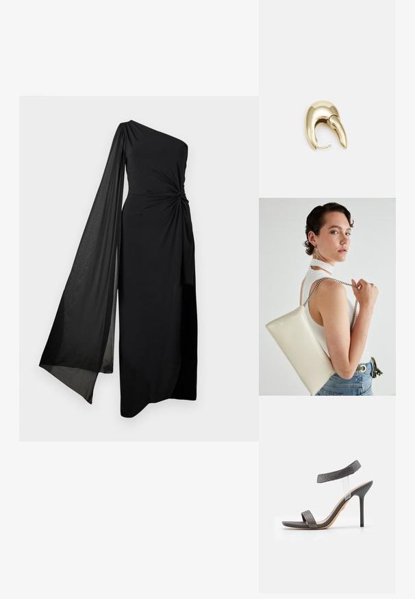 Černé šaty s jedním ramenem, se zavázaným detailem v pase a volně splývající průsvitnou rukávem. Vyrobené z hladké, lehké tkaniny s rovnými liniemi.; Černé sandály na podpatku s průhledným páskem, texturovaným svrškem a štíhlým stiletto podpatkem. Obsahují široký přední pásek a třpytivé detaily.; Bílá obdélníková psaníčko vyrobené z lesklého materiálu, se stříbrným řetízkovým popruhem. Modelka pózuje a předvádí tašku na jednobarevném pozadí.; Náušnice ve zlatém tónu z kovu s elegantním zakřiveným designem. Vyznačují se jedinečným špičatým tvarem, lesklým povrchem a závěsem na kloub.
