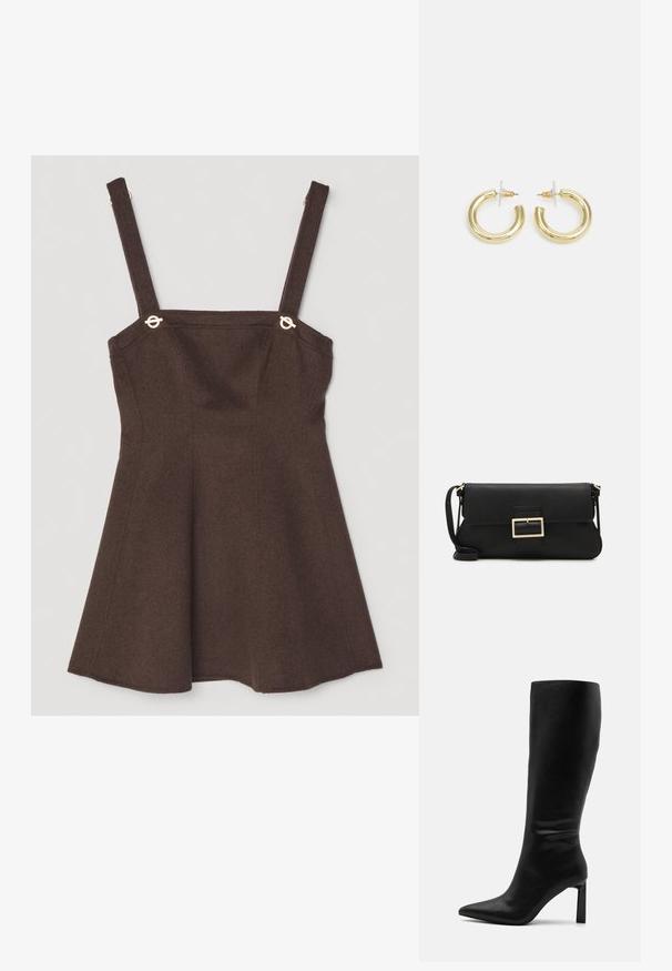 Rochie maro fără mâneci, cu bretele ajustabile, având accente de hardware tonuri de aur și un design evazat în formă de A. Textură dintr-un amestec de lână.; Even&Odd Cizme - black; Geantă de mână din piele neagră, cu clapetă și un detaliu din metal auriu. Include o curea neagră și un design elegant, minimalist.; Cercei cercuri din aur cu un finisaj neted și strălucitor. Design circular cu un mic suport și un spate transparent pentru o purtare sigură.