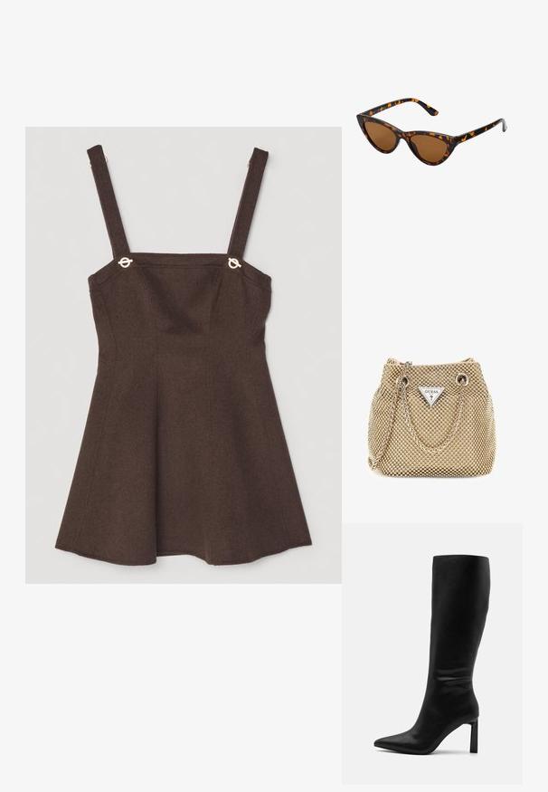 Brązowa sukienka bez rękawów z regulowanymi ramiączkami, z akcentami w złotym odcieniu i rozkloszowanym krojem A-linii. Tekstura z mieszanki wełny.; Even&Odd - Kozaki; Okulary przeciwsłoneczne w kształcie kocich oczu z czarno-pomarańczową oprawą w deseń żółwia, brązowymi soczewkami i eleganckimi, spiczastymi końcówkami. Posiadają minimalistyczne logo na zauszniku.; Złota torba na ramię ma teksturowaną tkaninę z okrągłymi metalowymi ćwiekami, trójkątną płytkę z logo oraz łańcuchowy pasek z okrągłymi metalowymi oczkami.