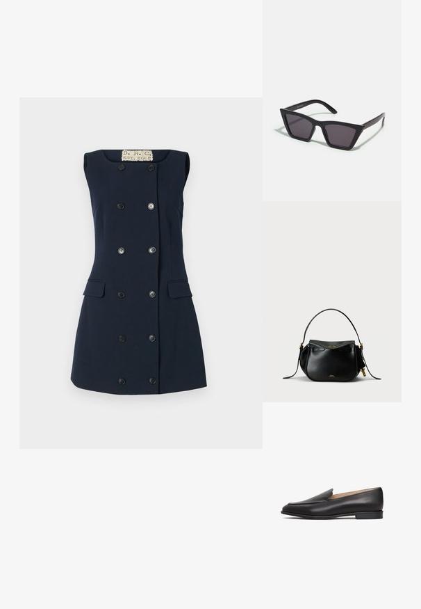 Rochie fără mâneci de culoare bleumarin, cu o formă ajustată, închidere cu butoane duble, două buzunare frontale și guler plat pentru o siluetă structurată.; Mocasini din piele neagră, cu toc jos, textură netedă, vârf ascuțit și design minimalist. Fără accesorii sau ornamentații vizibile.; Ochelari de soare negri, unghiulari, cu lentile gri; fabricați din plastic, având brațe groase cu o suprafață netedă și fără hardware vizibil.; Geantă din piele neagră cu o formă rotundă, un singur mâner superior și accente din metal auriu. Include un sistem de închidere cu fermoar și un detaliu subtil de branding.