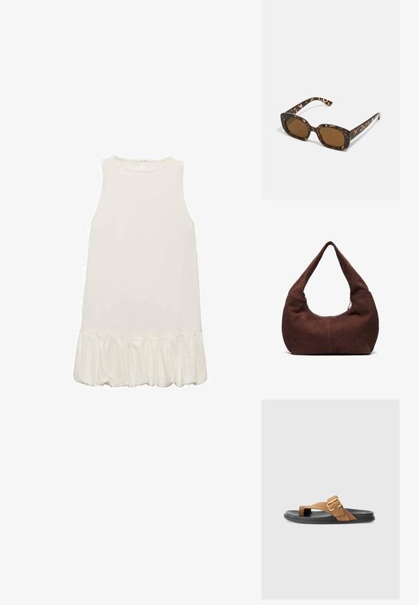 Hvid ærmeløs kjole med en volangkant. Glat, letvægtsstof; simpelt design med en rund hals og ingen synlige lukninger.; Brune ruskindsandaler med detaljer i guldspænde, med en flad sort gummisål og et thong-stil design. Glat tekstur, minimalistisk stil.; Skildpadde-solbriller med en rund, kraftig ramme og brune linser. Har subtile mønstre og lige, afsmalnende stænger.; Brun ruskinds hobo taske med et buet, bredt håndtag og en stor åbning. Blød tekstur med synlige stikninger langs kanterne.
