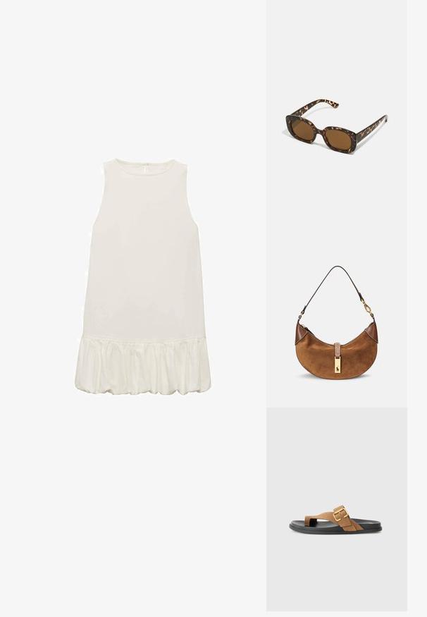 Robe blanche sans manches avec un ourlet à volants. Tissu lisse et léger ; design simple avec un col rond et sans fermetures visibles.; Sandales en daim marron avec un détail de boucle en or, dotées d'une semelle plate en caoutchouc noir et d'un design en tongs. Texture lisse, style minimaliste.; Lunettes de soleil en écaille de tortue avec une monture ronde et épaisse et des verres marron. Présente des motifs subtils et des branches droites et effilées.; Sac à main en daim marron avec une forme courbe, des accents en cuir, une quincaillerie dorée et une fermeture zippée. Présente une plaque logo bien visible.
