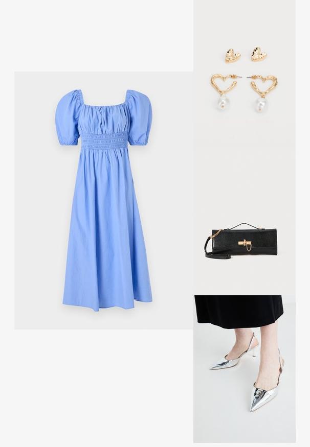 Blue cotton dress featuring a square neckline, puff sleeves, and smocked bodice, flowing to a knee-length skirt with a smooth texture.; Silver, pointed-toe slingback shoes with a glossy finish and a thin heel. Minimalist design with a smooth texture and open back.; Black clutch bag with a textured finish, gold chain strap, and a clasp closure. Rectangular shape with a sleek, minimalistic design.; Gold-tone heart-shaped earrings with a textured finish, featuring a hanging pearl accent. Includes matching heart stud earrings.