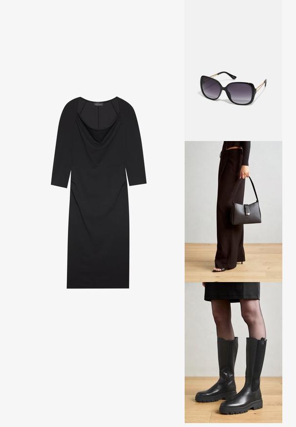 Vestido negro con escote drapeado, mangas tres cuartos, forma ajustada y sutil fruncido en los lados. Fabricado con una tela suave.; Botas negras hasta la rodilla con un exterior de cuero suave, paneles laterales elásticos y una suela de goma gruesa con un patrón de textura.; Gafas de sol negras de gran tamaño con lentes degradados, montura gruesa y detalles de cadena en tono dorado en las patillas.; Bolso negro con forma estructurada, textura suave y un cierre metálico. Combinado con pantalones anchos negros y sandalias de dedo en un suelo de madera.