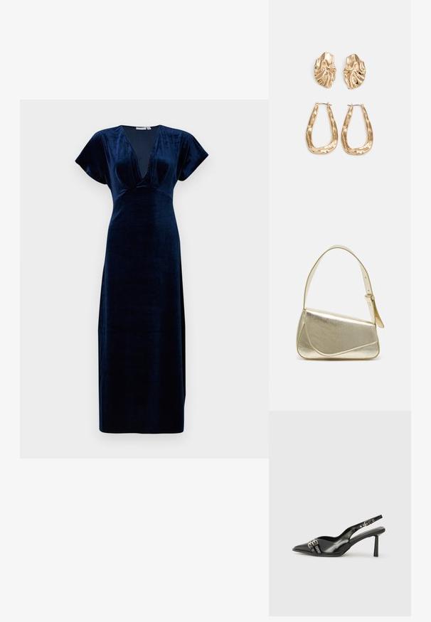Maksi haljina od tamnoplave baršunaste tkanine s dubokim V-izrezom i kratkim lepršavim rukavima. Glatka tekstura s prilagođenim siluetom i bočnim prorezima.; Crna lakirana slingback cipela s izduženim vrhom, remenčićima oko gležnja s srebrnim kopčama i dijelovima, te vitkim potplatom.; Zlatna metalna torba s uređenim dizajnom, glatkom teksturom i podesivim remenom. Ima jedinstven trokutasti oblik i minimalističko šivanje.; Naušnice zlatne boje s teksturiranim, valovitim oblicima. Uključuju skulpturalne kopče i dizajn otvorene kružnice s kovanom završnom obradom.