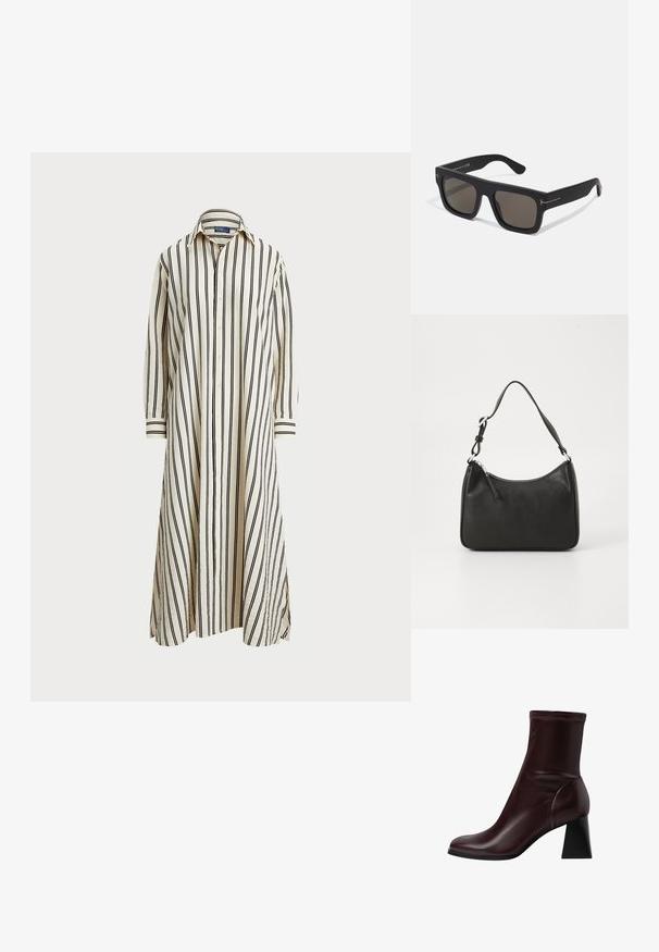 Robe chemise rayée en crème et noir. Comprend un devant boutonné, un col, des manches longues, des fentes latérales et une coupe décontractée. Tissu en coton.; Stradivarius BLOCK - Bottines - dark red; Lunettes de soleil rectangulaires noires avec des verres sombres. Fini mat, avec des accents métalliques subtils sur les branches. Aucune logo de marque visible.; Sac à main en cuir noir avec une forme courbée, une seule sangle, fermeture éclair et un logo discret à l'avant. Texture lisse, design minimaliste.