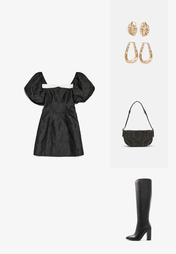 Mustassa mekossa on puffyhihat, teksturoitu kangas, vartalonmyötäinen yläosa ja valkoinen satiininauha takana. Lyhyt pituus.; ALDO PILLOW WALK PULL ON GLAJAR - Korolliset saappaat - black; Mustapintainen mokkabag, jossa on kaareva muotoilu ja niittikoristeet sekä teksturoitu pinta. Säädettävä olkahihna, jossa on niittiyksityiskohtia reunoilla.; Korukultainen korvakorut, joissa on teksturoituja, aaltoilevia muotoja. Mukana on veistokselliset klipsikorvakorut ja avoin rengasmalli, jossa on vasaroitu pinta.