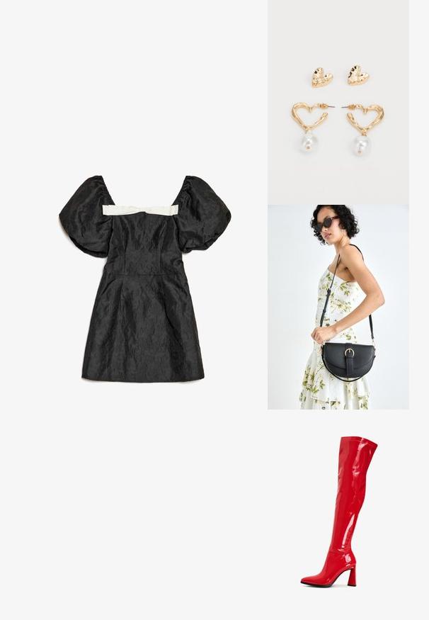 Schwarzes Kleid mit Puffärmeln, strukturiertem Stoff, figurbetontem Oberteil und einer weißen Satinschleife hinten. Kurze Länge.; Rote Lacklederkniehohe Stiefel mit spitzer Zehe und markantem Blockabsatz. Verfügt über eine glänzende Oberfläche und Nahtdetails entlang des Schafts.; Schwarze Lederhandtasche mit geschwungener Form, abnehmbarem Tragegurt und goldenen Beschlägen. Die Tasche verfügt über einen Deckel mit einer Schnallen-Details.; Herzförmige Ohrringe in Goldton mit strukturierter Oberfläche, mit einem hängenden Perlenakzent. Einschließlich passender Herz-Stiftohrringe.