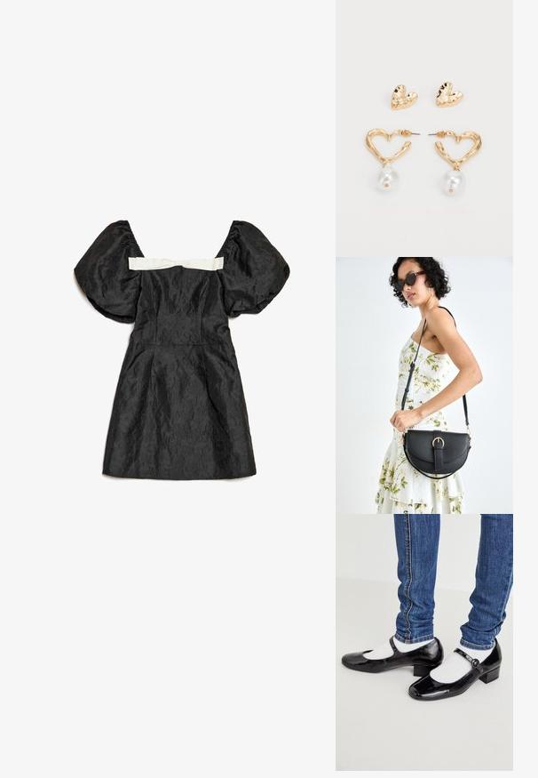 Melna kleita ar pūkainām piedurknēm, teksturētu audumu, piegulošu korseti un baltu satīna lentas detaļu aizmugurē. Īss garums.; Melnas lakotas ādas Mary Jane kurpes ar kvadrātu purngalu, mazu papēdi, potīšu jostu un baltām zokiem, papildinātas ar ziliem šaurajiem džinsiem.; Melnas ādas rokassoma ar izliekta formu, noņemamu siksnu un zelta aksesuāriem. Somai ir vāciņš ar sprādzes detaļu.; Zelta krāsas sirdīm līdzīgas auskaru formas ar teksturētu apdari, ar piekaramu pērli. Iekļauti arī atbilstoši sirdīm līdzīgas stīpu auskari.