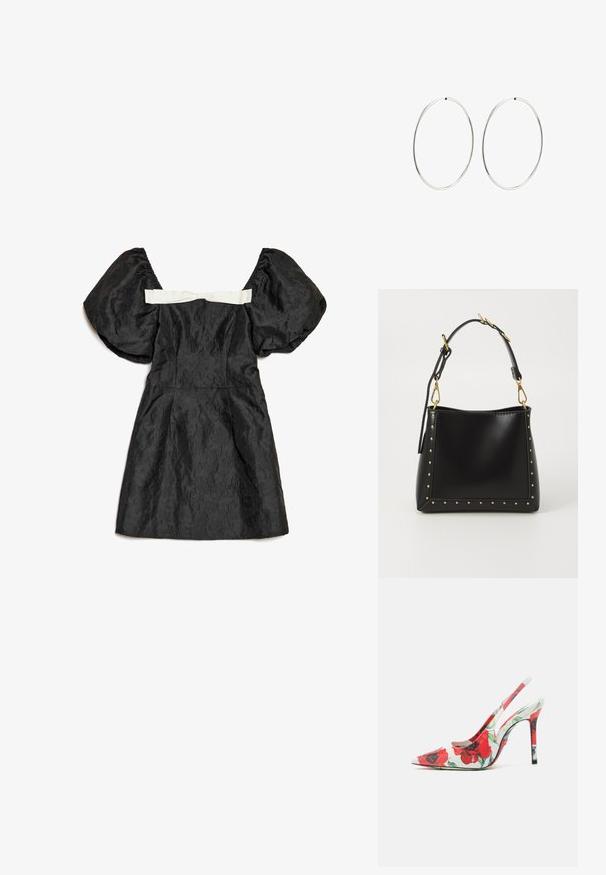 Abito nero con maniche a sbuffo, tessuto strutturato, corpino aderente e dettaglio con nastro di raso bianco sul retro. Lunghezza corta.; Scarpa con tacco alto e apertura sul retro, punta affusolata, superficie bianca con un motivo floreale rosso e un tacco sottile. Finitura texturizzata.; Borsa a mano in pelle nera con forma strutturata, caratterizzata da borchie dorate lungo i bordi e una tracolla staccabile con dettagli in metallo dorato.; Orecchini a cerchio in argento con un design rotondo e liscio e una finitura lucida. Sono sottili e leggeri, con una semplice chiusura a scatto.