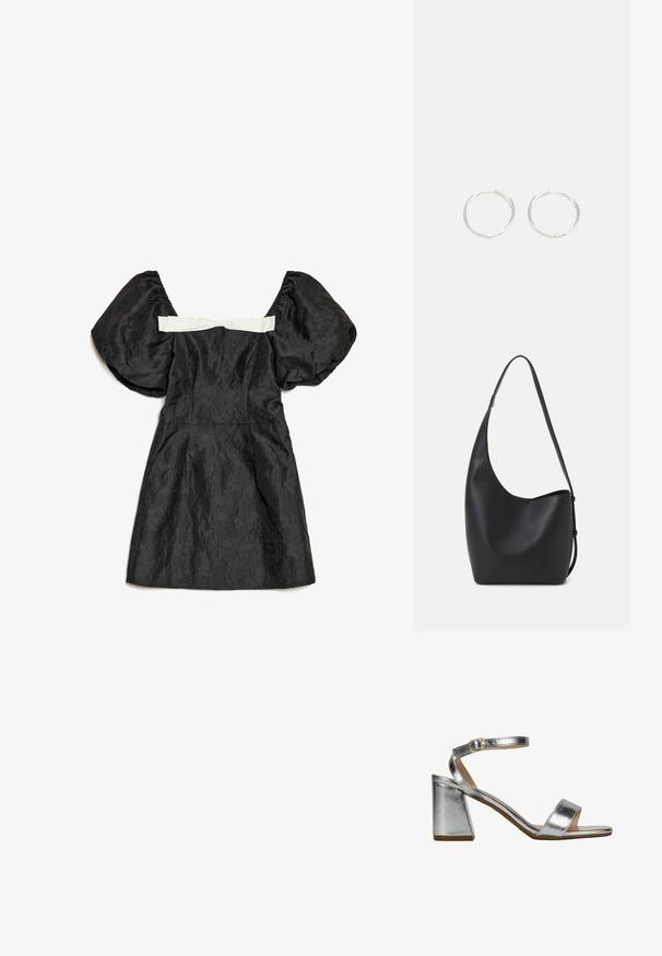 Schwarzes Kleid mit Puffärmeln, strukturiertem Stoff, figurbetontem Oberteil und einer weißen Satinschleife hinten. Kurze Länge.; Silberne Sandalen mit metallischem Finish. Sie verfügen über einen breiten Riemen über den Zehen und einen Knöchelriemen mit einer goldenen Schnalle. Blockabsatz-Design.; Schwarze Leder-Hobo-Tasche mit einer glatten Textur, geschwungener Form und einem einzelnen verstellbaren Tragegurt; verfügt über eine weite Öffnung am oberen Ende.; Silberne Creolen mit einem schlanken, runden Design, das eine glatte Oberfläche und keine sichtbaren Verzierungen aufweist. Durchmesser nicht angegeben.