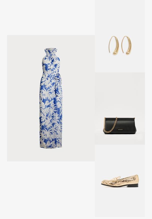 Maksimalus suknelė mėlynos ir baltos gėlių rašto; su halterio kaklo dizainu, prigludusiu bodi ir surišamu juosmens akcentu. Lygus audinys, ilgas siluetas.; Auksiniai sintetiniai loaferiai su tekstūruota apdaila, apvalia nosimi ir dekoratyvia juostele. Yra žemas juodas kulnas ir siuvinėtos detalės.; Juodas odinis delninukas su auksine grandine, turintis lygų paviršių, stačiakampį išmatavimą ir įspaustą prekės ženklą priekyje.; Auksinės metalinės auskarų kabės su lenktą, pailgą forma. Turi lygų, blizgantį paviršių ir užapvalintą galiuką papildomam akcentui.