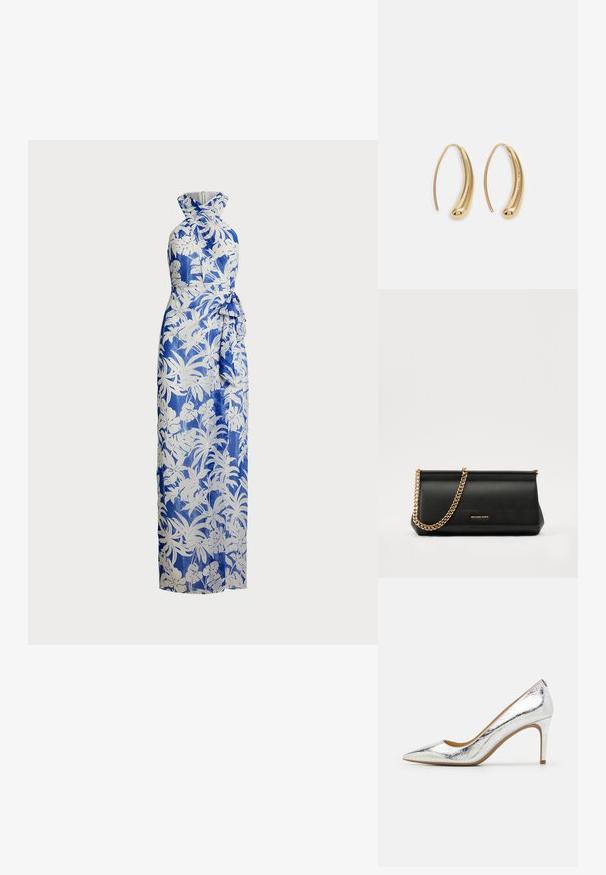 Maksi kleita zilā un baltā ziedu rakstā; halter stila kakla dizains ar pielāgotu augšdaļu un sasietu jostas detaļu. Gluda auduma, gara silueta.; Sudraba metāla aptinēts augstpapēžu zābaks ar asu purngalu, gludu tekstūru, 10 cm augstu papēdi un maigu krokotu rakstu uz virsmas.; Melns ādas apliecības soma ar zelta ķēdes siksnu, ar gludu tekstūru, taisnstūra formu un izspiestu zīmolu uz priekšpuses.; Zelta toņu metāla gredzena auskari ar izliektu, pagarinātu formu. Ar gludu, spīdīgu virsma un noapaļotu galu papildu detaļām.