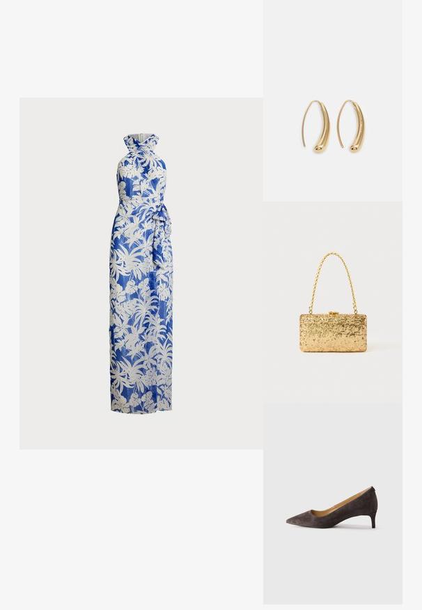Maxikjole i blå og hvid blomsterprint; halterneck-design med tætsiddende overdel og bundet talje detalje. Glat stof, lang silhuet.; Mørkebrun ruskind stiletto-pumps med spids tå og lav hæl, med en slank hæl og glat tan indvendig foring, vist i profil på en neutral baggrund.; Gylden paliet pung i rektangulær form, med et snoet kædehåndtag og en metalspænde lukning, der reflekterer lys med en struktureret overflade.; Guldfarvede metal hoops øreringe med en bøjet, forlænget form. Har en glat, skinnende overflade og en afrundet spids for ekstra detalje.