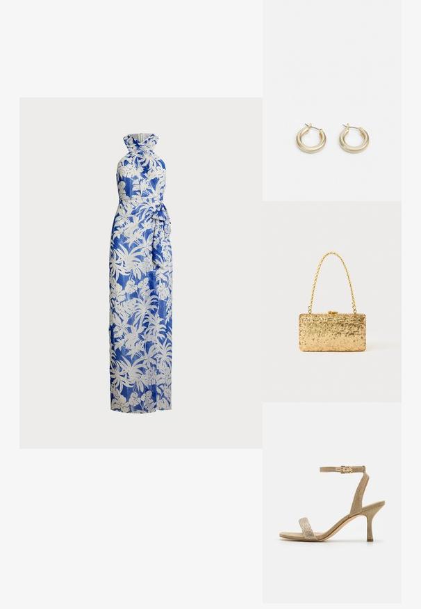 Maxikjole i blå og hvid blomsterprint; halterneck-design med tætsiddende overdel og bundet talje detalje. Glat stof, lang silhuet.; Guld høje hæle sandaler med en tekstureret overflade, tynd ankelrem og en smal forreste rem med en subtil udsmykning.; Gylden paliet pung i rektangulær form, med et snoet kædehåndtag og en metalspænde lukning, der reflekterer lys med en struktureret overflade.; Lauren Ralph Lauren BASIC SMALL HOOP - Øreringe - gold-coloured