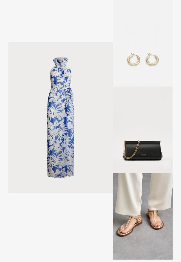 Rochie maxi cu imprimeu floral albastru și alb; design cu guler halter, cu un corp ajustat și un detaliu la talie legat. Țesătură netedă, siluetă lungă.; MICHAEL Michael Kors ASTRA THONG - Sandale cu baretă între degete - pale gold; Plică din piele neagră cu o curea din lanț auriu, având o textură netedă, formă rectangulară și o marcă embosată pe față.; Lauren Ralph Lauren BASIC SMALL HOOP - Cercei - gold-coloured