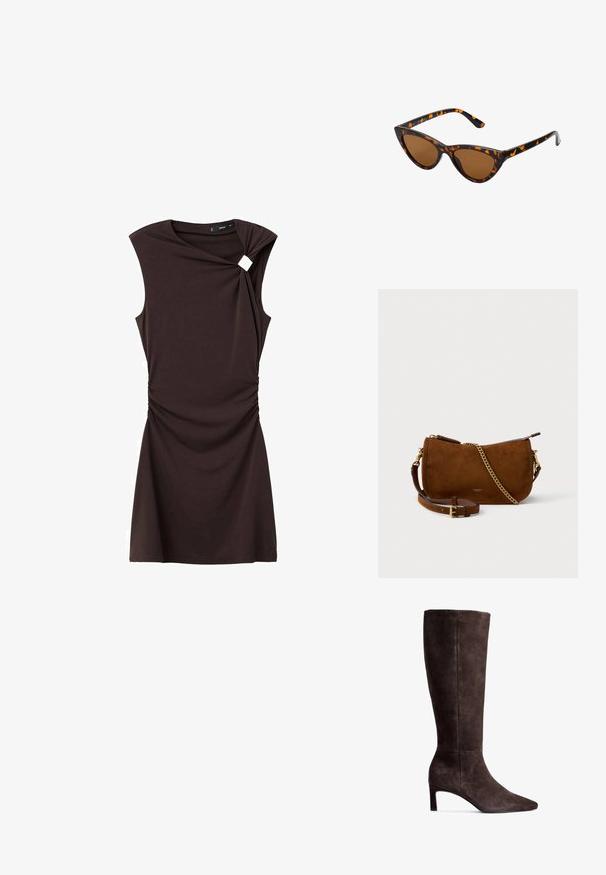 Rjava obleka s kratkimi rokavi, ki ima zvit dizajn na rami in naborke na pasu, izdelana iz gladkega, elastičnega materiala.; Rjave zamšaste čezkolenske škornje s koničastim nosom in 3-palčnim peto. Gladka tekstura, elegantna silhueta in minimalističen dizajn.; Mačje oči sončna očala z okvirom v črno-oranžni želvej ohišji, rjavimi lečami in elegantnimi, ostrimi konicami. Imajo minimalistični logo na ročaju.; Rjav semiš crossbody torbica z teksturirano površino, z zlatim verižnim okrasom in nastavljivim usnjenim trakom. Ima zadrgo za zapiranje.