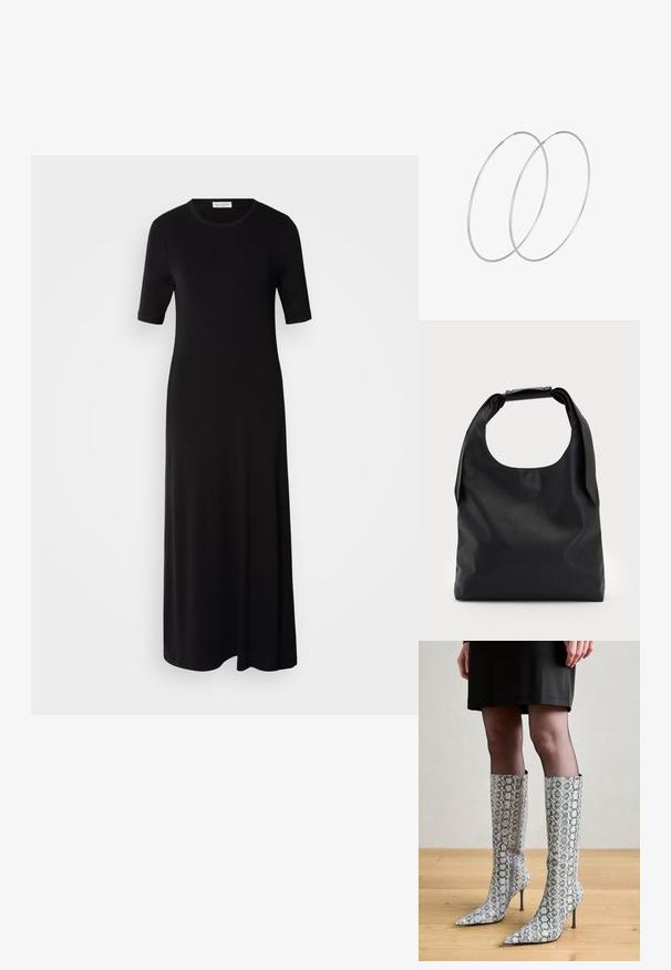 Vestido largo negro hecho de tela suave, con mangas cortas, escote redondo y un corte holgado. Sin patrones o acentos visibles.; Botas de caña alta con punta afilada en estampado de serpiente, que presentan un patrón texturizado en gris y blanco, tacones de aguja y cremallera lateral.; Bolso hobo de cuero negro con un solo asa suave y redondeada; presenta una textura lisa y un diseño minimalista. Sin hardware visible ni acentos.; Pendientes de aro plateados con un diseño minimalista. Forma circular, textura suave y perfil delgado. Livianos con un acabado pulido.