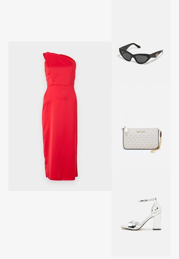 Röd satin klänning med en axel design och åtsittande silhuett, med en slät textur och en lång, rak klippning till nederdelen.; Silverfärgade högklackade sandaler med klack, öppen tå och ankelrem. Har en glansig lackfinish och en vadderad sula.; Kattögon-solglasögon med en matt svart plastbåge, mörka linser och en guldlogotyp som accent på skalmen. Vinklad design och jämn yta.; Michael Kors handledos i beige belagd kanvas med ett upprepande MK-logomönster, gyllene detaljer och ett avtagbart kedjehandtag.