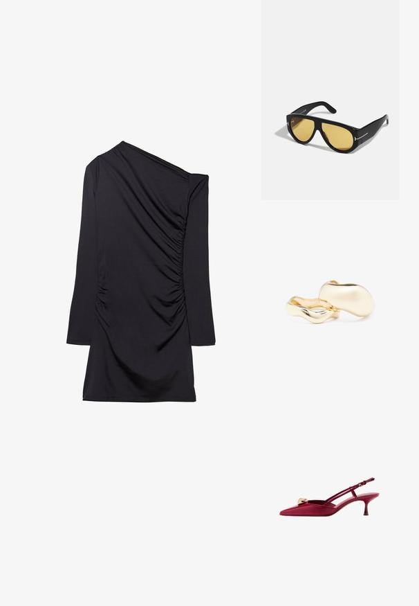 Czarna sukienka z asymetrycznym dekoltem, długim rękawem i marszczonym wykończeniem z boku. Wykonana z miękkiego, elastycznego materiału.; Czerwone lakierowane czółenka ze szpilką, zakończone w szpic, ozdobione złotym kulistym akcentem i smukłym obcasem. Regulowany pasek.; Czarne okulary przeciwsłoneczne z geometrycznym wzorem, żółtymi soczewkami i złotymi akcentami na zausznikach. Gładka tekstura, szeroki kształt, nowoczesny design.; Złote kolczyki o organicznym, fasolowym kształcie i gładkiej, refleksyjnej powierzchni; cechują się minimalistycznym designem bez widocznych elementów mocujących.