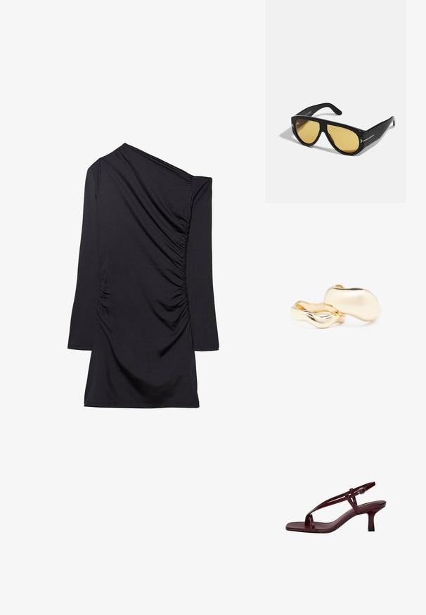 Sort kjole med én skulder, lange ærmer og indsamlet tekstur på siden. Fremstillet af blødt, strækbart stof.; Bordeaux højhælede sandaler med firkantet tå, slanke stropper og en ankelrem med spænde. Glat lædertekstur og en slank, blokhæl.; Sorte solbriller med en geometrisk ramme, gule linser og gyldne detaljer på stængerne. Glat tekstur, bred form, moderne design.; Guldfarvede øreringe med en organisk, bønneformet silhuet og en glat, reflekterende overflade; har et minimalistisk design uden synligt hardware.