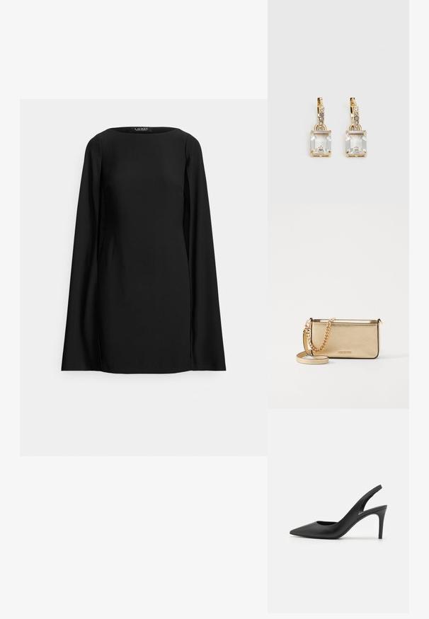 Black long-sleeve top with a round neckline. Made from smooth fabric with side slits, offering a sleek and modern silhouette.; Black leather slingback high heels with a pointed toe design, featuring a cutout at the front and a thin stiletto heel.; Metallic gold leather clutch with a textured finish, featuring a gold chain strap and a removable shoulder strap. Brand logo embossed.; Gold-tone earrings featuring a rectangular, clear crystal dangling below a row of small, round clear accents. Sleek, modern design.