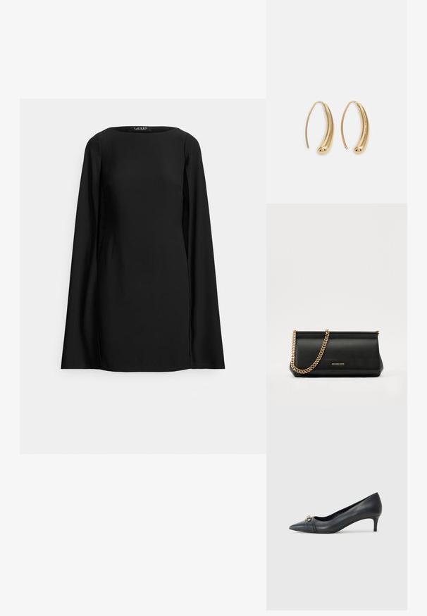 Black long-sleeve top with a round neckline. Made from smooth fabric with side slits, offering a sleek and modern silhouette.; Pointed-toe black leather pump with a low heel, featuring a textured strap and metallic accent at the front. Smooth surface and sleek design.; Black leather clutch bag with a gold chain strap, featuring a smooth texture, rectangular shape, and embossed branding on the front.; Gold-tone metal hoop earrings with a curved, elongated shape. Features a smooth, shiny surface and a rounded tip for added detail.