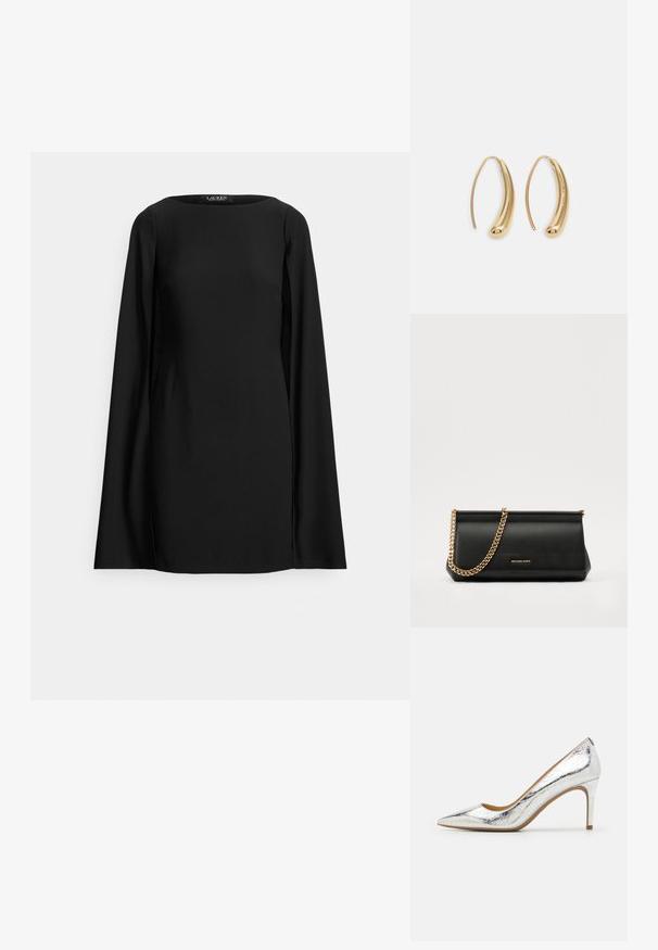 Zwart shirt met lange mouwen en een ronde halslijn. Gemaakt van gladde stof met zijuitsnijdingen, wat een strakke en moderne silhouet biedt.; Zilveren metallic puntige hoge hak schoen met een gladde textuur, 10 cm hoge hak en subtiel geplooid patroon op het oppervlak.; Zwarte leren clutch tas met een gouden kettinghengsel, voorzien van een gladde textuur, rechthoekige vorm en reliëfmerk op de voorkant.; Gouden metalen oorbellen in de vorm van een gebogen, verlengde hoop. Kenmerkend zijn het gladde, glanzende oppervlak en de afgeronde punt voor extra detail.