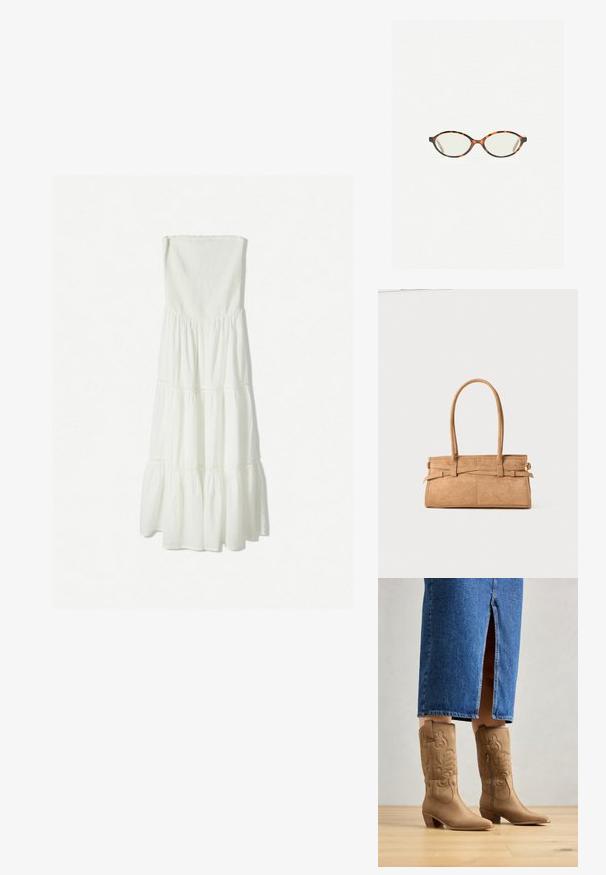 Bershka Maxikleid - white; Braune westernstil Stiefel mit dekorativer Stickerei, spitzer Zehenform und gestapeltem Absatz. Getragen mit einem knielangen Jeansrock, der die Stiefel zur Geltung bringt.; Schildpatt-Eyegläser mit ovalen Gläsern und einer eleganten, glatten Oberfläche. Mit dünnen Seiten und einer subtilen Kurve an den Schläfen. Klare Gläser.; Tasche aus braunem Wildleder mit zwei langen Griffen, rechteckiger Form und dekorativer Naht. Verfügt über einen seitlichen Riemen und subtile goldene Hardwareakzente.