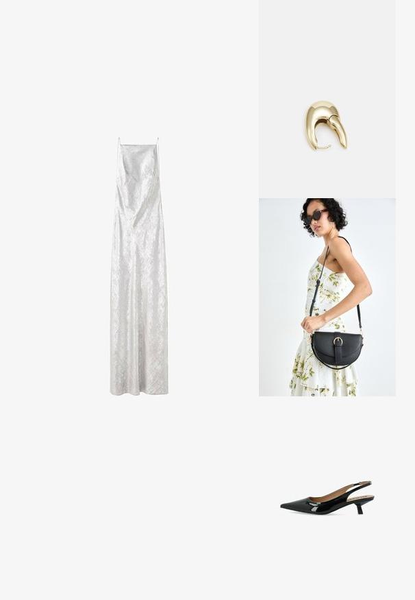Duga, bezrukavna haljina od sjajnog bijelog materijala, s V-izrezom i elegantnim, fluidnim oblikom sa suptilnom teksturom i bez vidljivih uzoraka.; Crna lakirana kožna slingback pumpa s oštrim vrhom i niskim, kvadratnim potplatom. Ima glatku teksturu i minimalistički dizajn.; Crna kožna torba s lukovitim oblikom, odvojivim remenom i zlatnim detaljima. Torba ima preklop s kopčom.; Zlatne metalne naušnice s elegantnim, zakrivljenim dizajnom. Imaju karakterističan šiljast oblik, poliranu površinu i zatvaranje na šarku.