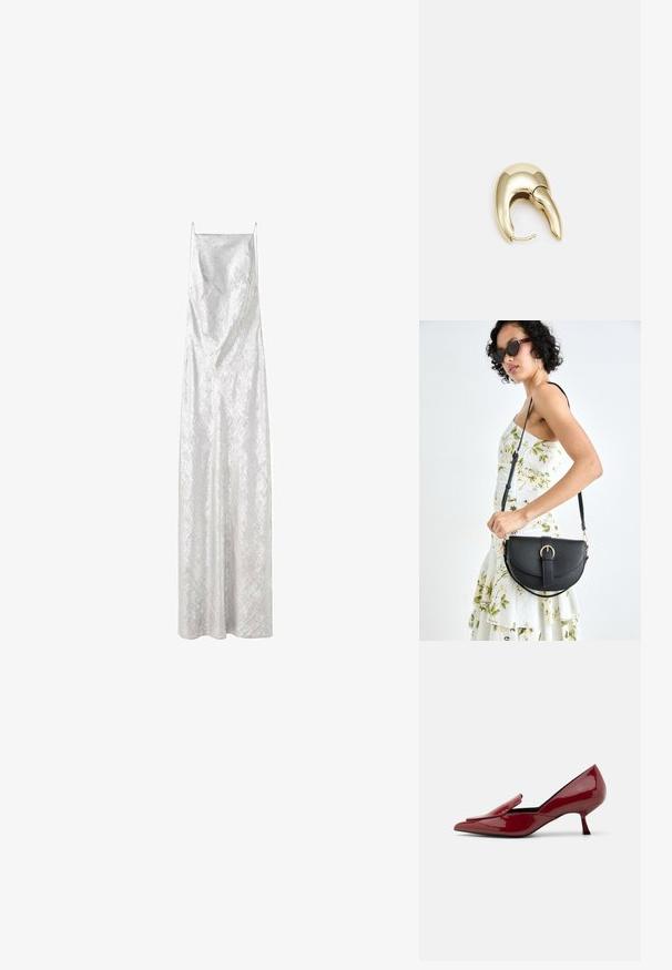 Lang, sans ærmer kjole i skinnende hvidt stof, med V-hals og en slank, flydende form med subtil tekstur og ingen synlige mønstre.; Røde patentlæderhæle med spids tå, slip-on design og lav stilethæl. Glat tekstur med en slank silhuet.; Sort læderhåndtaske med en buet form, aftagelig rem og guldfinish. Tasken har en klap med en spænde detalje.; Guldtonet metal ørering med et slankt, buet design. Har en karakteristisk spids form, poleret overflade og hængselåbning.