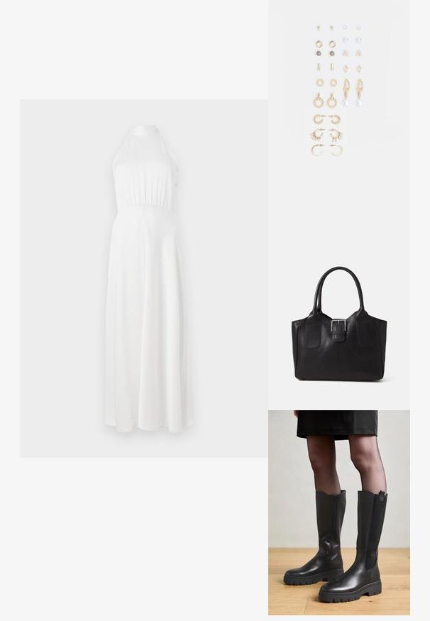 Balta halter tipo maksi suknelė su prigludusia liemene, raukšlėta juosta ir plazdančia sijonu. Lygus audinys su švelniu blizgesiu.; Juodos iki kelių bootai su lygiu odiniu paviršiumi, elastingais šonų paneliais ir masyviu guminio pado, turinčio tekstūruotą protektorių.; Juodas odinis nešiojamas krepšys su lygiu paviršiumi, struktūrine forma, dviem rankenėlėmis ir ryškiu sidabriniu sagties akcentu priekyje.; Auksiniai auskarai su įvairiais dizainais, įskaitant studus, žiedus ir kabančius modelius su perlų ir kristalų akcentais.