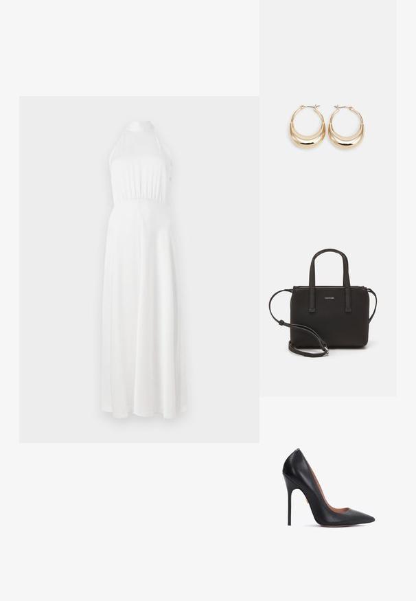 Balta halter stila maksi kleita ar pieguļošu augšdaļu, savirknētu jostasvietu un plūstošu svārku. Gluda auduma ar maigu spīdumu.; Melnas ādas augstpapēžu kurpes ar norādītu purngalu, slaidu stiletto papēdi un izliekta kakla daļu. Gluda tekstūra un zelta akcents tuvu papēdim.; Melns roku soma ar divām īsām rokturiem un noņemamu plecu siksnu. Gluda ādas līdzīga materiāla ar rāvējslēdzēja aizdari un logos detaļu.; Zelta tonis apļveida auskari ar pusmēness formu, pulētu virsmu un lūka aizdari. Gluda tekstūra un spīdīga apdare uzlabo redzamību.