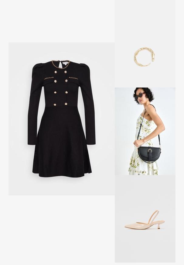 Sort kjole med lange ærmer, dekorativt guld kæde ved halsudskæringen, dobbeltknaplukning fortil med stofbetrukne knapper og figursyet talje.; Beige patenteret læder slingback høje med spids tå og en slank, firkantet hæl. Glat tekstur og minimalistisk design uden udsmykninger.; Sort læderhåndtaske med en buet form, aftagelig rem og guldfinish. Tasken har en klap med en spænde detalje.; Guld-tone ring med et organisk, snoet design, glat overflade og affasede ender, hvilket skaber et moderne, skulpturelt udseende.